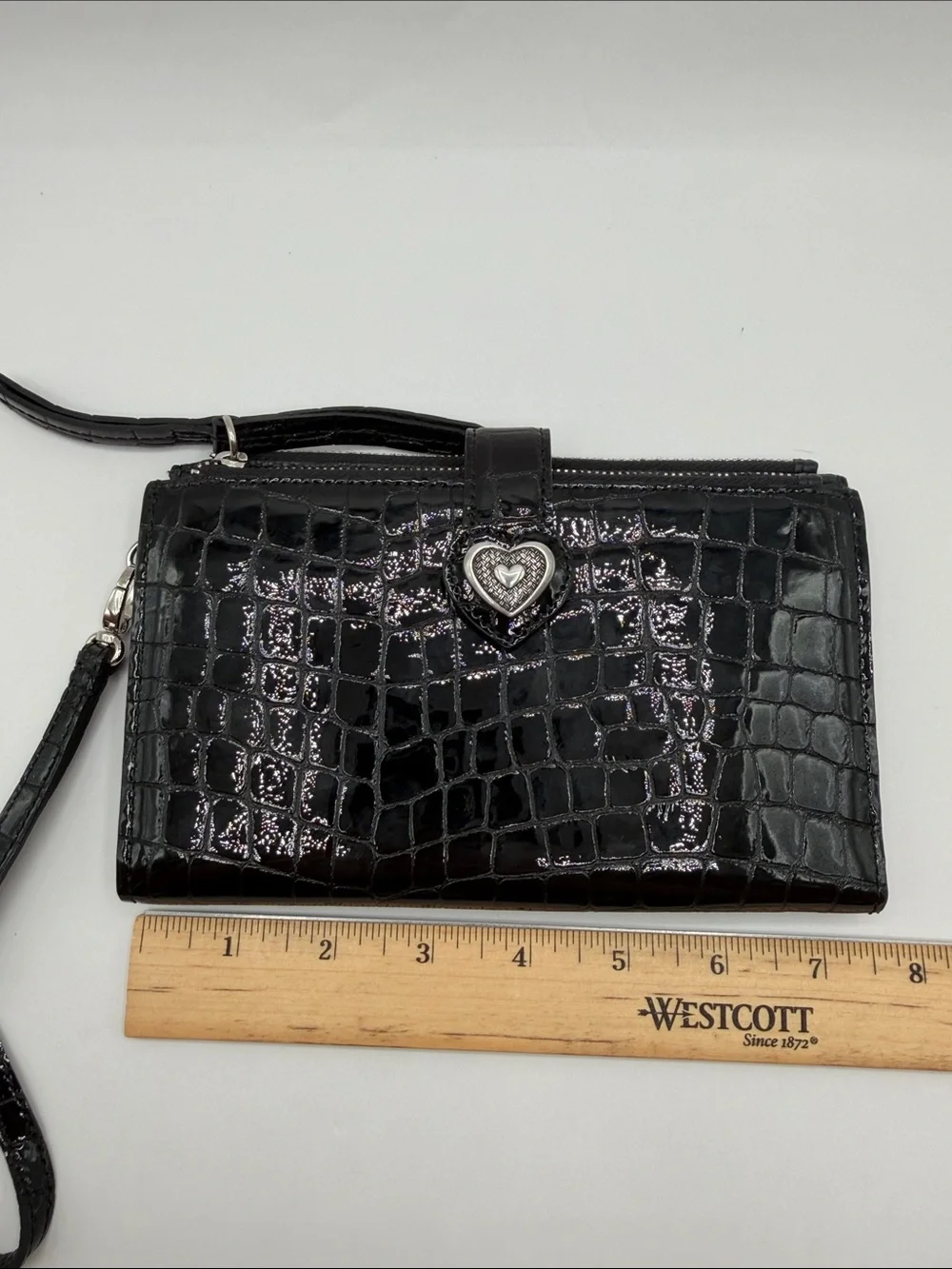 Black Croc-Embossed Wristlet Wallet with Heart Accent